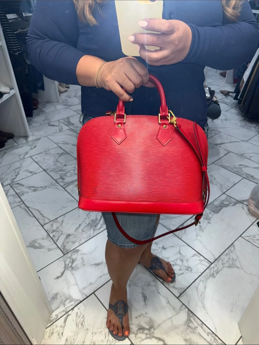 Authentic Louis Vuitton Red Epi Alma PM Satchel with Gold Hardware